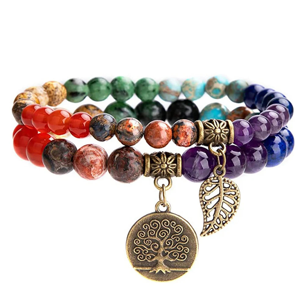 Natural Semi Precious Gemstone Beads Bracelet for Women Life Tree and Leaf Charm Energy Reiki Crystal Stretch Bracelets Jewelry