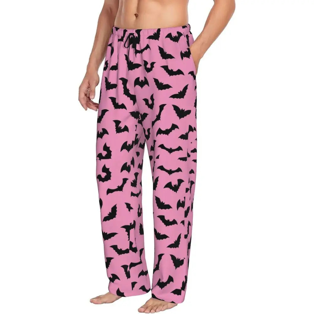 Custom Cute Spooky Halloween Bats Black And Purple Pajama Pants for Men Lounge Sleep Drawstring Sleepwear Bottoms with Pockets