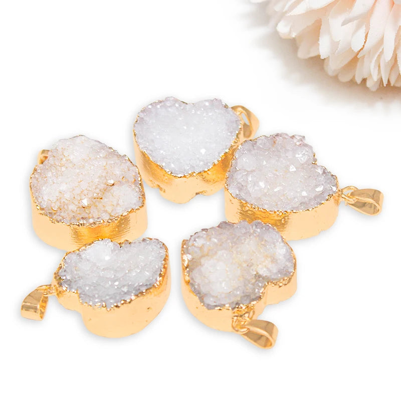 Heart Shaped Druzy Quartz Stone Necklace for Women Raw Crystal Cluster Reiki Healing Pendant Jewelry
