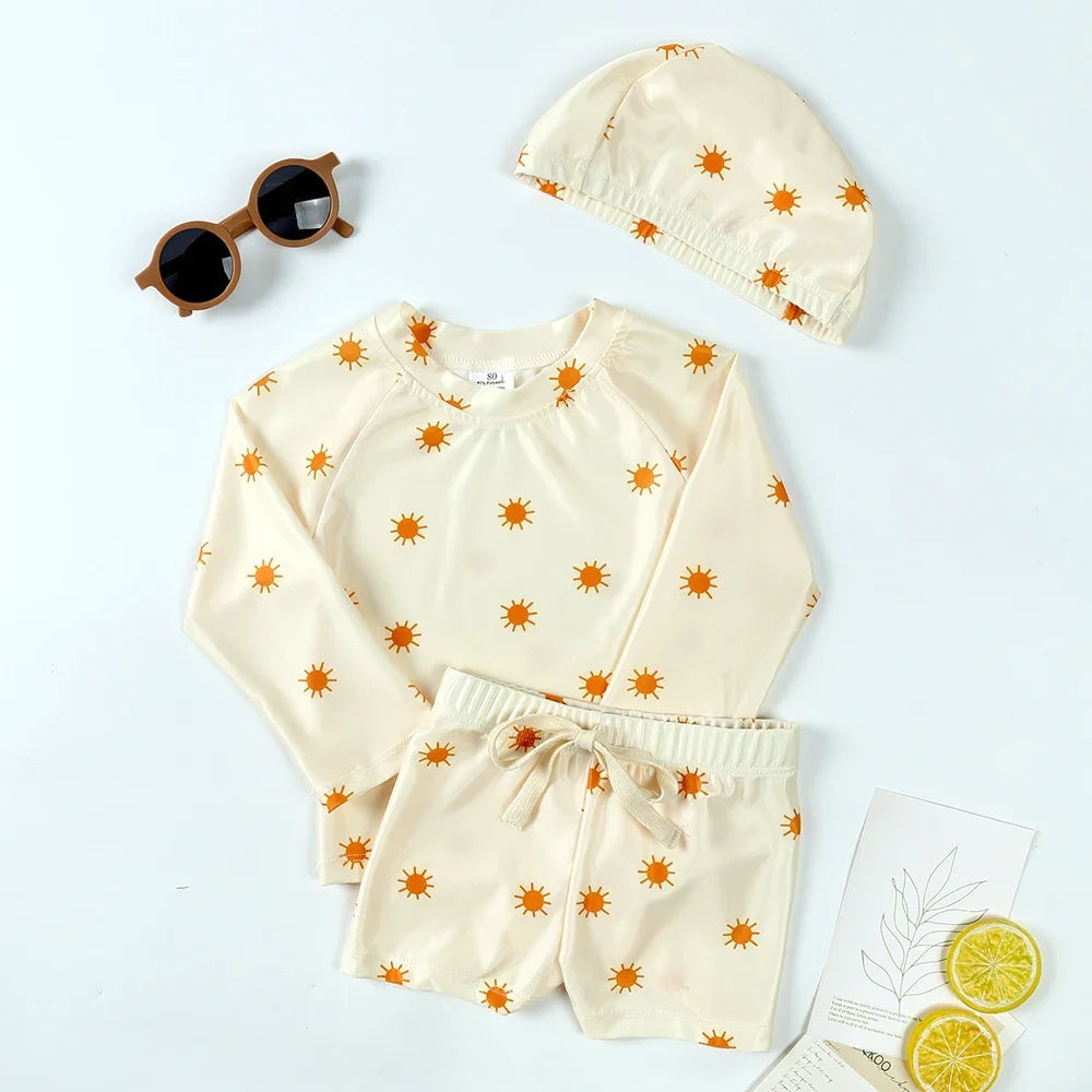 2025 Summer Kids Boy Swimsuits Sun Protection Vacation Beach Pants Long sleeve Tops with Hat Children Surfing Swim Suit 1-7T