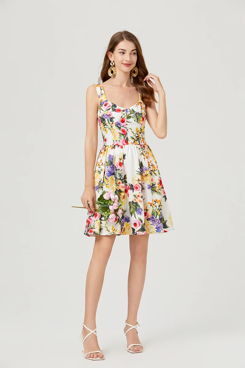 2024 Summer Fashion Short Boho Dress Women Mini Floral Print Dress Female Sleeveless Hanging Belt Printed Waist Folded Dress