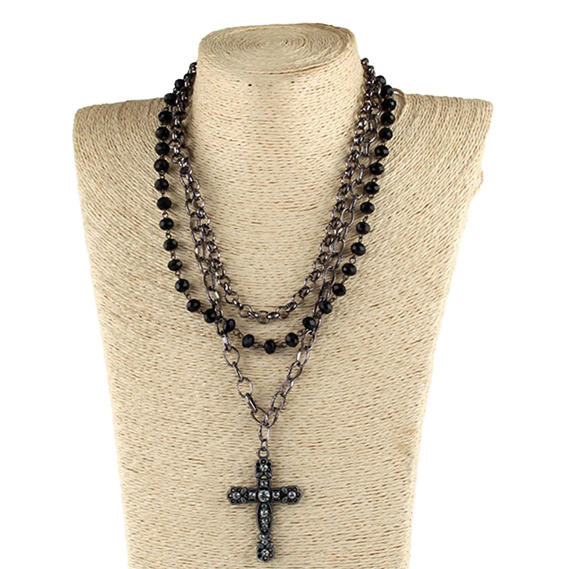 Fashion Bohemian Tribal Jewelry 3 Layer Multiple Black Glass Crystal Rosary Link & Chain Cross Pendant Necklaces
