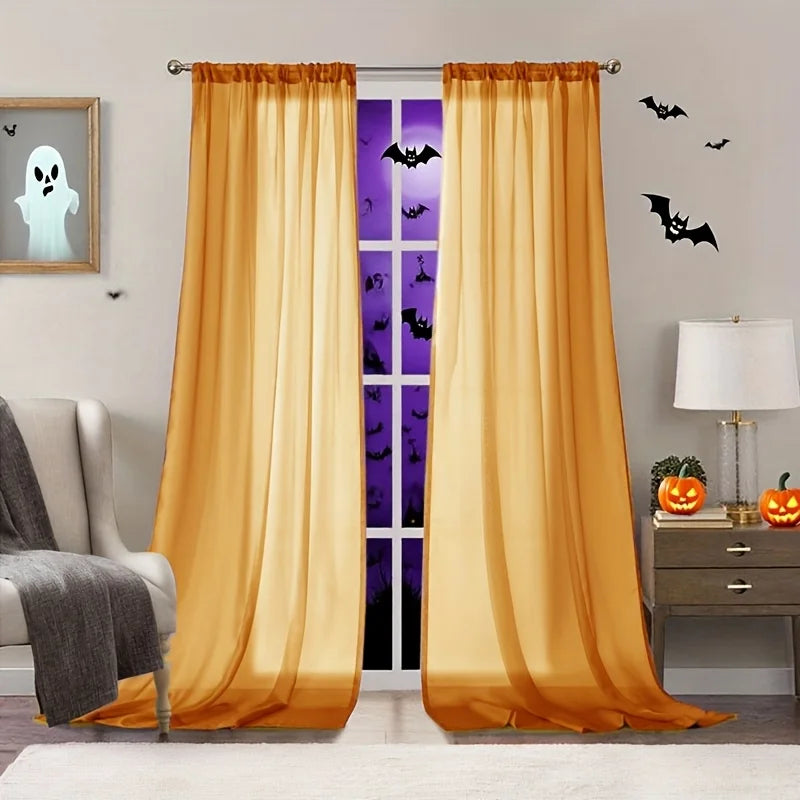 Halloween Ghost Day Holiday Celebration Decoration Orange Black Gauze Threaded Bar Curtain Sheet for Living Room Bedroom Window
