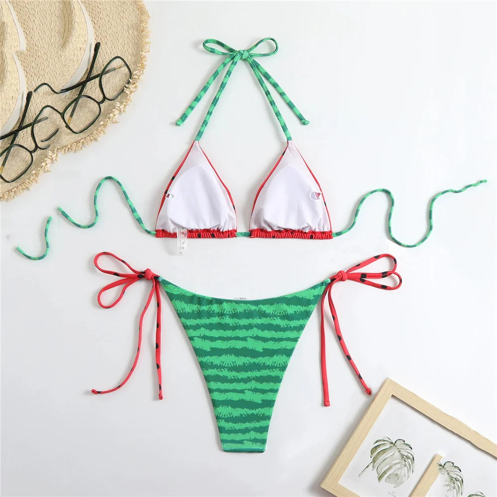Watermelon Print Swimwear String Halter Triangle Thong Micro Bikini 2025 Sexy Swimsuit Women Brazilian Bikinis Sets Beach Wear