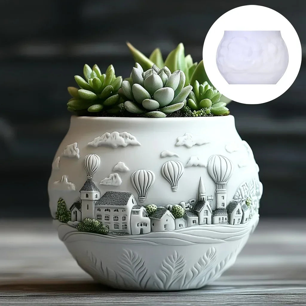 Windmill Town Succulent Plant Pot Silicone Mold Windmill Town House Relief Flower Pot Resin Mold Dream house storage box molds