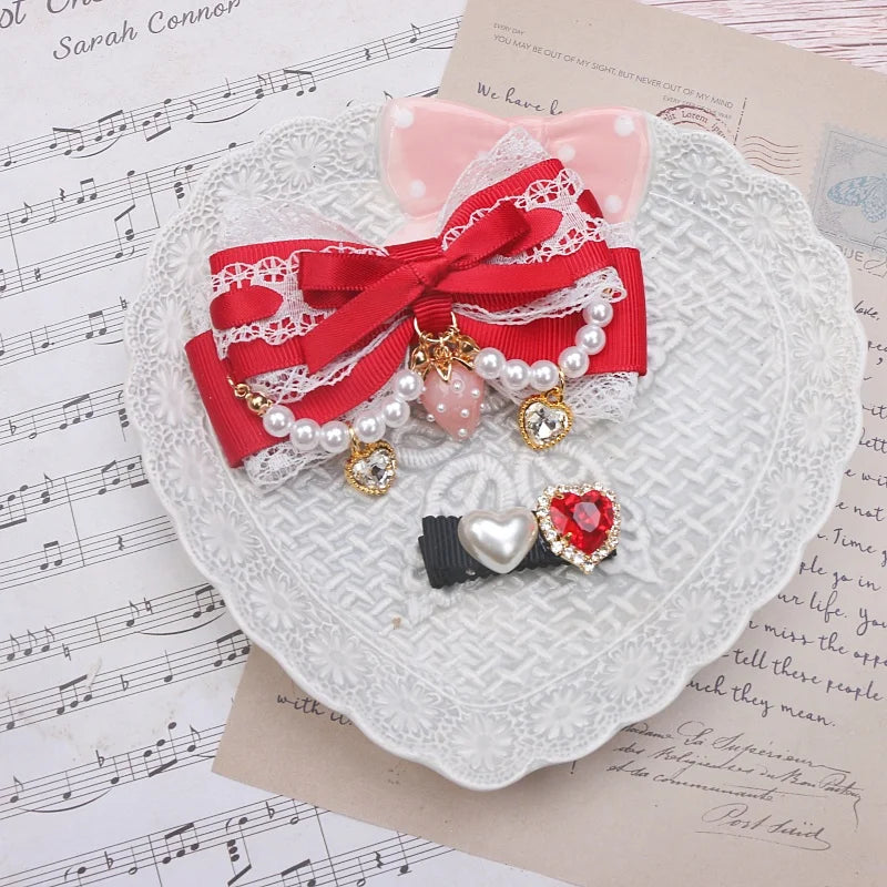 Larme Kei Lace Hair Clips Sweet Girl's Beaded Bow Heart Rhinestone Hair Bows Lolita Strawberry Hair Accessories Gift