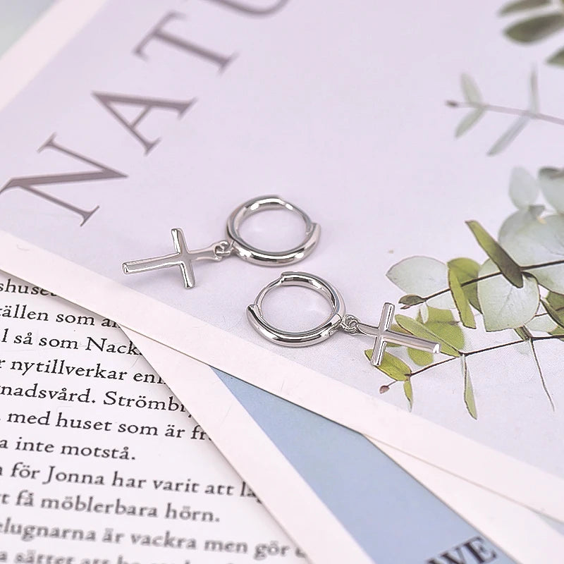 925 Sterling Silver Minimalist Jesus Cross Pendant Earrings Gold/Silver Hoop Earrings Fashion Wedding Party Earrings Jewelry