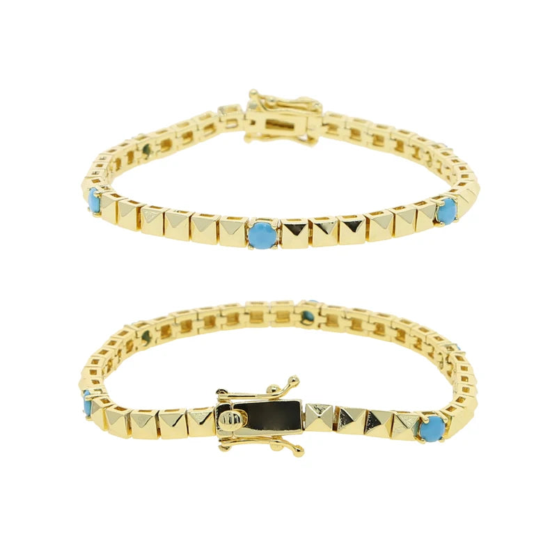 High Quality Simple Geometric Women Jewelry Fashion Gold Color White CZ Blue Turquoises Beaded Chain Bracelet Necklace