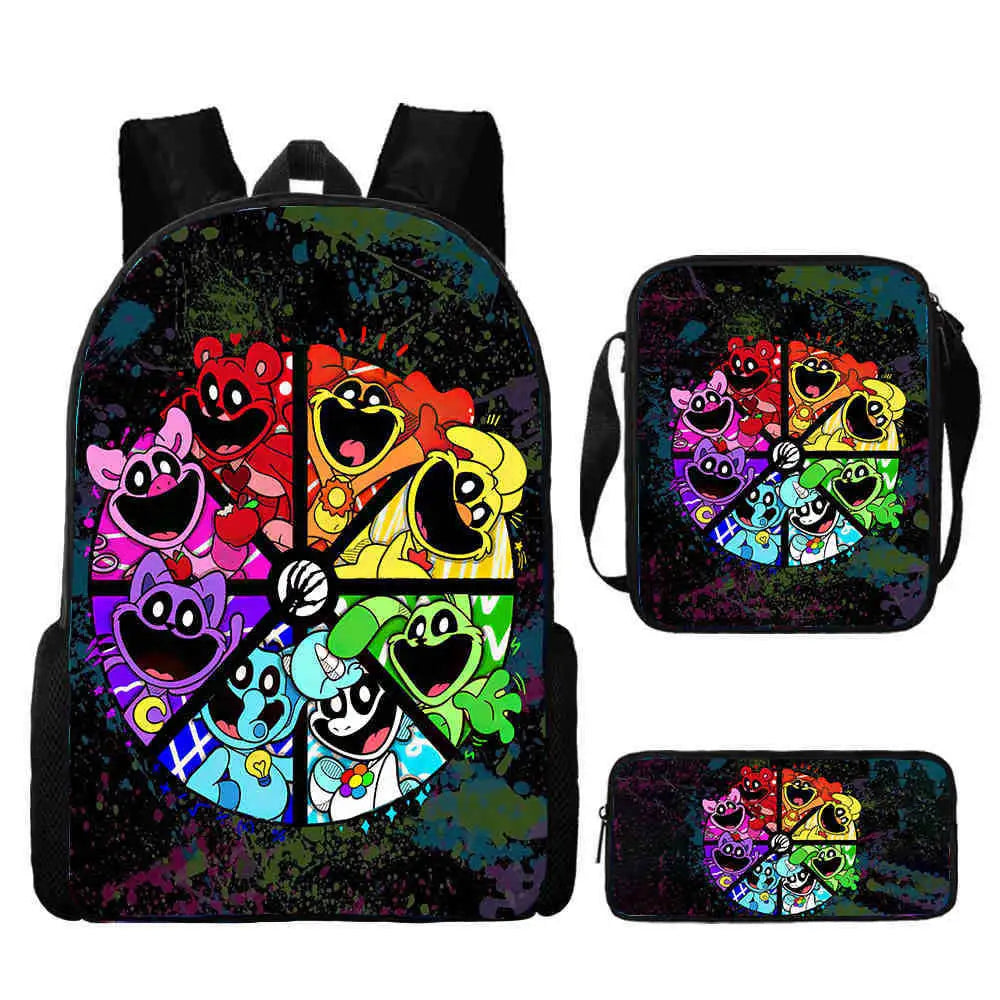 3pcs Set Smiling 3D Critters School Backpack with Pencil Bag Shoulder Bags Large Capacity Cartoon Amine Game Child Backpack