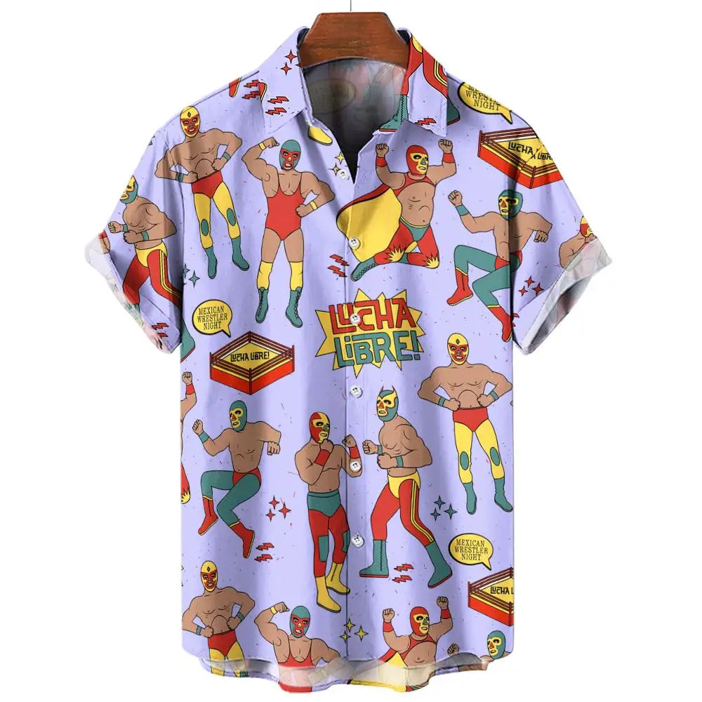 New Retro Men's Shirt 3d Mexican Wrestling Print Short Sleeve Shirt Fashion Man Clothing Loose Oversized Hawaiian Shirts For Men