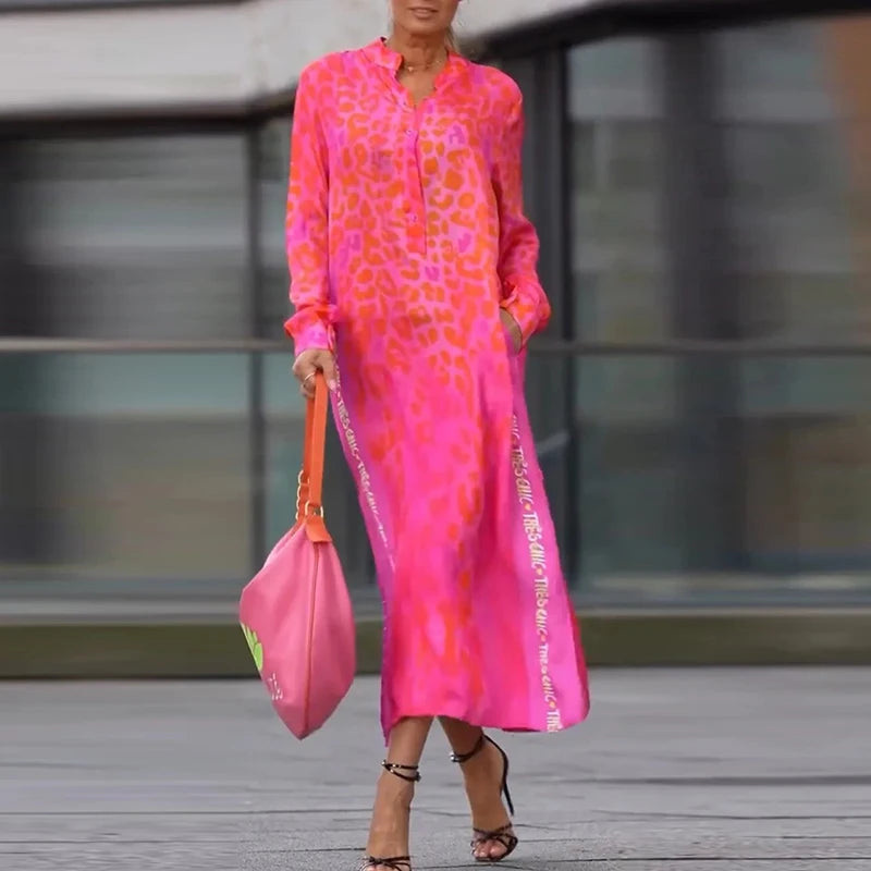 Elegant Leopard Print Long Sleeve Party Dress Woman Spring Summer Casual Button A-Line Dresses Fashion Vacation Split Long Dress