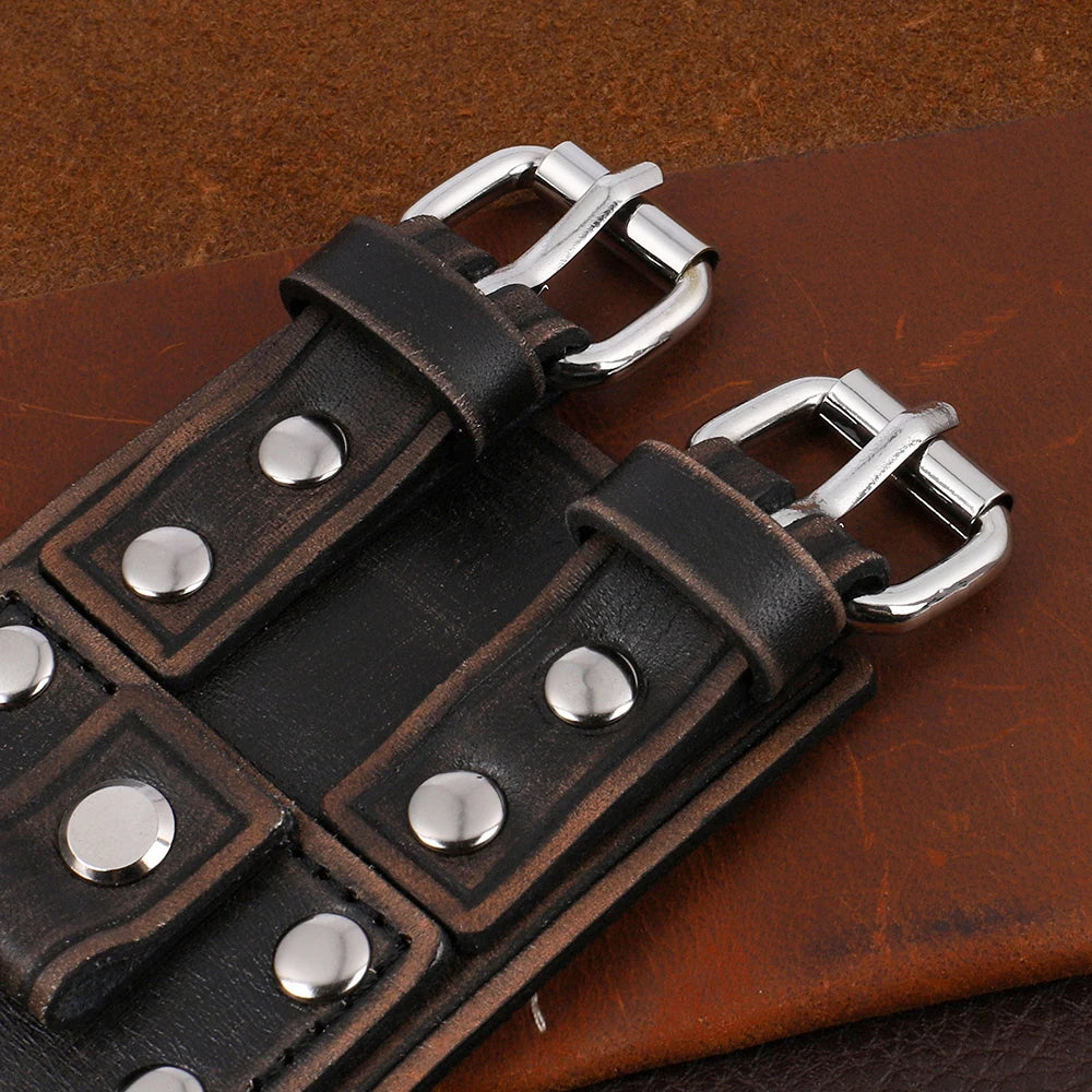 Vintage Punk Leather Cuff Strap 20mm Men's Wrist Watch Band with Mat Double Buckle Rivet Watchband Bracelet Watches Accessories