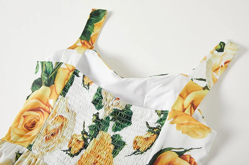 2024 Summer Fashion Short Boho Dress Women Mini Floral Print Dress Female Sleeveless Hanging Belt Printed Waist Folded Dress