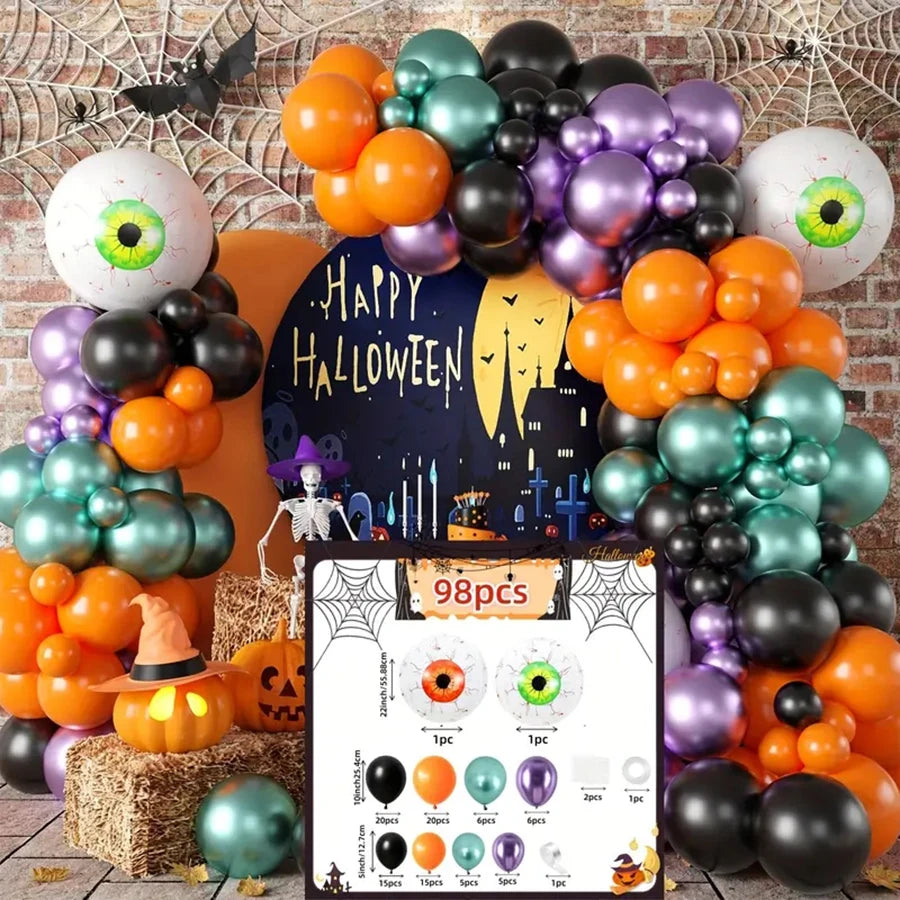 98pcs Halloween Balloon Garland Kit, Black and Orange Balloon Garland Kit with Eye Foil Balloons for Party Decorations