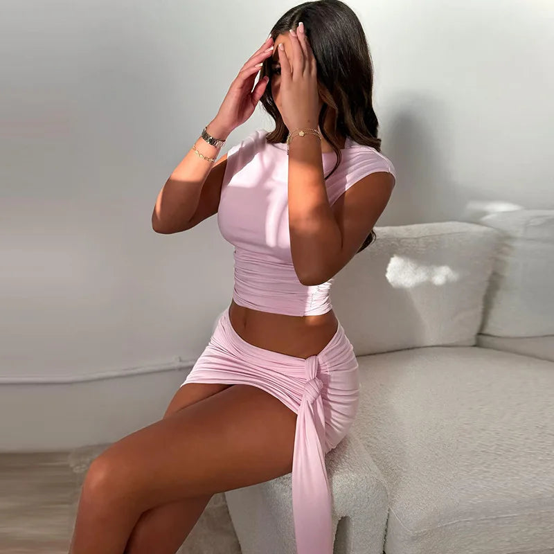 Women Solid 2 Piece Set Sexy Off Shoulder Short Sleeve Ruched Slim Crop Tops Lace Up Ribbon Bodycon Mini Skirts Casual Suits