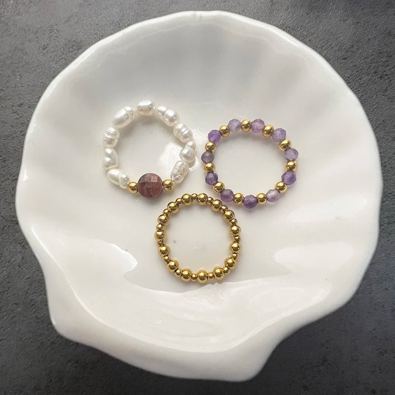 Boho Purple Tourmaline Ring Sets For Wedding Fashion Handmade Jewelry Freshwater Pearl Women Rings Stainless Steel