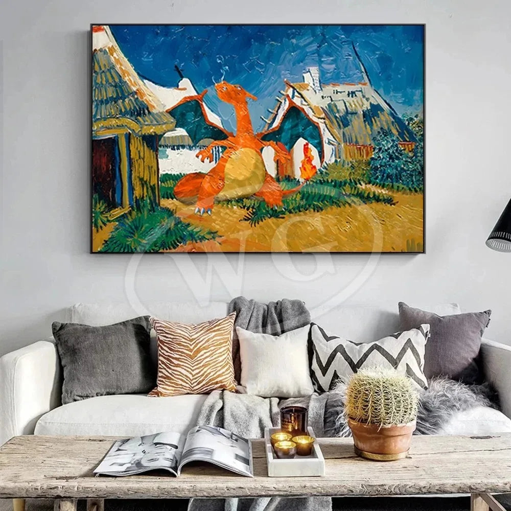 Van Gogh Museum Pocket Monster Anime Character Pikachu Canvas Painting Poster Living Room Bedroom Decoration Christmas Gift