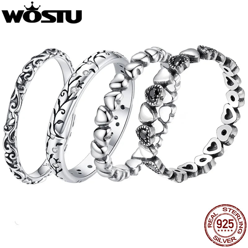 WOSTU European 925 Sterling Silver Simple Rings For Women Wedding Engagement Heart Rings With Zircon Original Female Jewelry