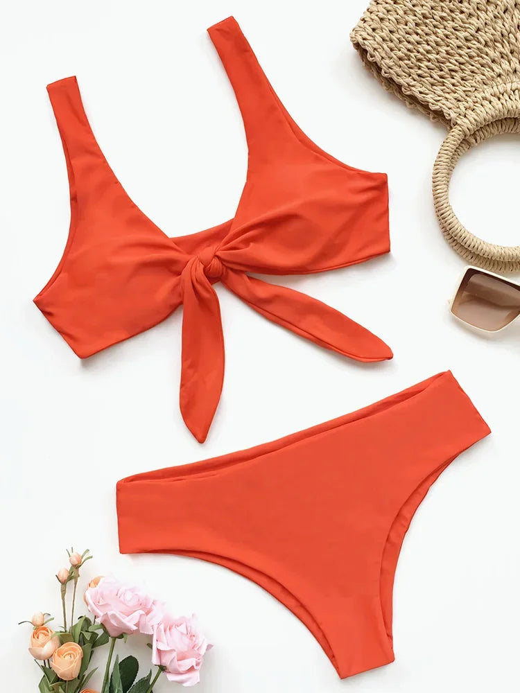 Sexy Front Knotted Bikinis Female Swimsuit High Waist Bikini Women Swimwear Two-pieces Bikini Set Bather Bathing Suit Swim Lady