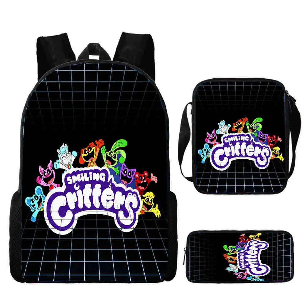 3pcs Set Smiling 3D Critters School Backpack with Pencil Bag Shoulder Bags Large Capacity Cartoon Amine Game Child Backpack