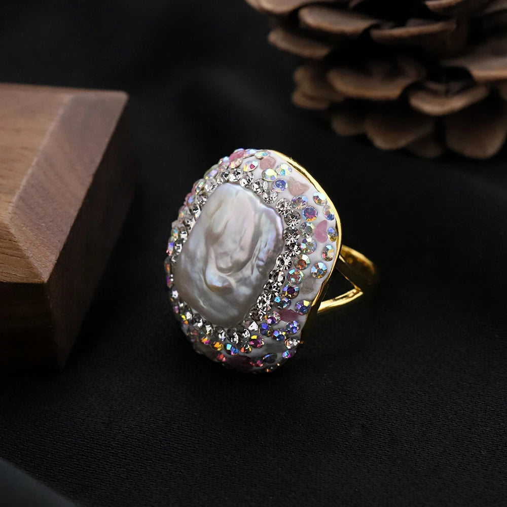 Baroque Pearl Inlaid Tourmaline Ring for Women Personalized Fashion Elegant Luxury Simple Ladies Banquet Exquisite JewelryGR0409