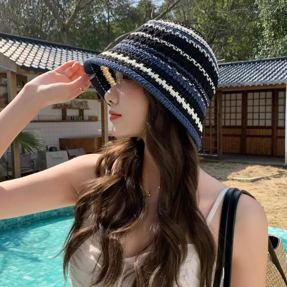 Summer Hollow Knitted Hollow Fisherman Caps Sun Protection Straw Bucket Hat Breathable Crochet Beach Cap Wide Brim Sun Hat