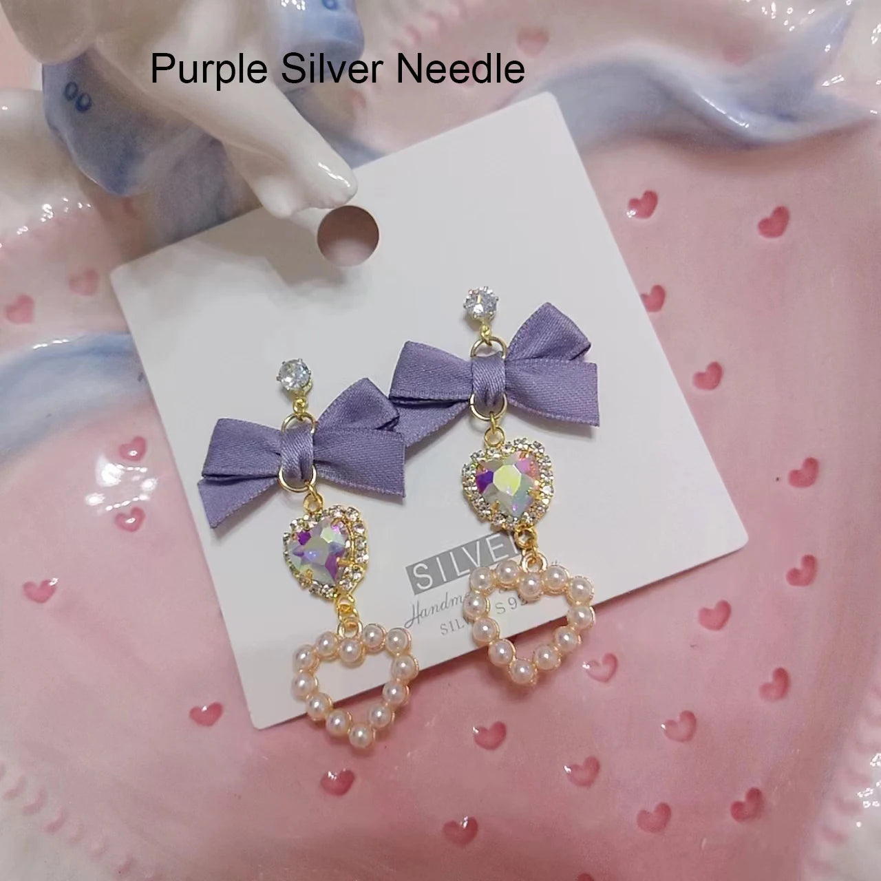 Lolita Earrings Accessories for Women Lo Style Kawaii Bow Heart Earrings Clip/Needle Cute Women's Rhinestone Pearl