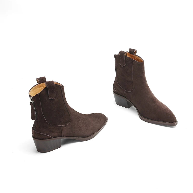 2025 Autumn Winter Trend Cow Suede Women Western Boots Black Brown Khaki Purple Green Burgundy Pointed Toe Ladies Ankle Boots