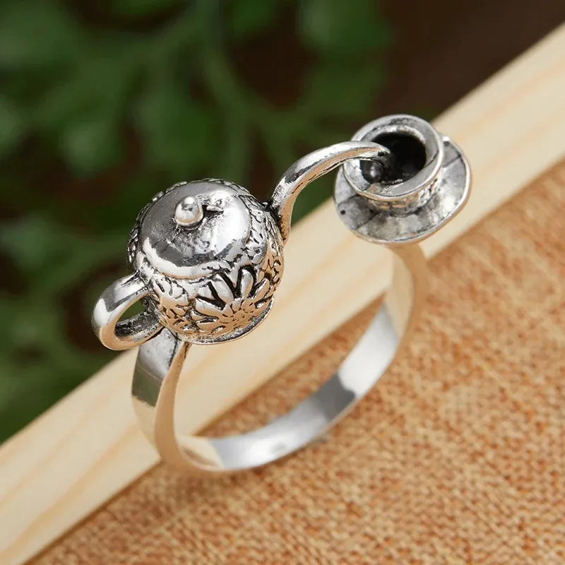 Personalised Creative Teapot Men's & Women's Tea Cup Ring Fashion Novelty Teapot Pouring Ring Holiday Party Jewelry Accessories