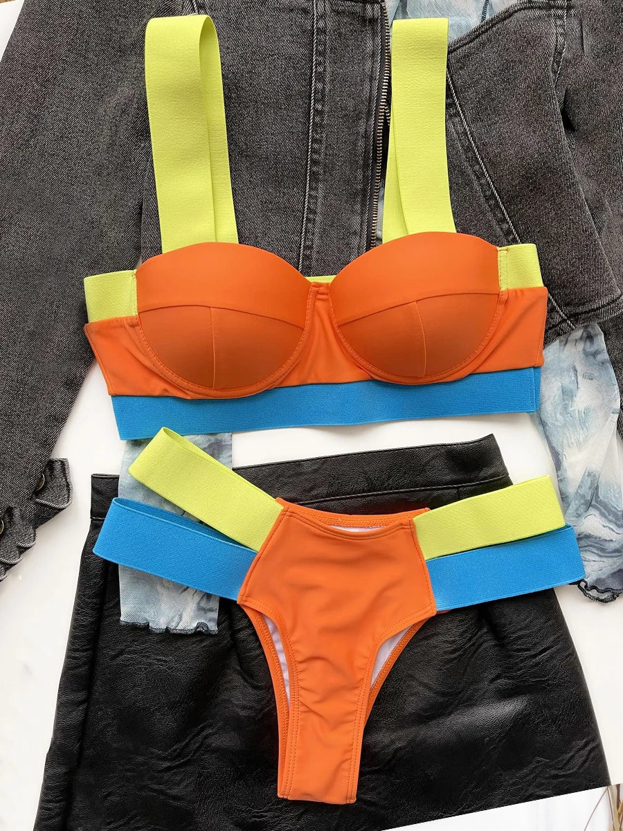 Solid Bandage Bikini Women Push Up Swimsuit Sexy Swimwear Female Brazilian Bathing Swimming Suit Bather Splicing Color Beachwear