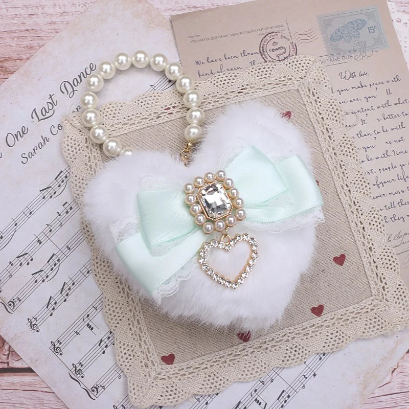 Romantic Bag Ornament Plush Heart Pearls Keychain Bag Decor Keyring Sweet Ita Bag Pendant Handmade Bow Accessories Keychain