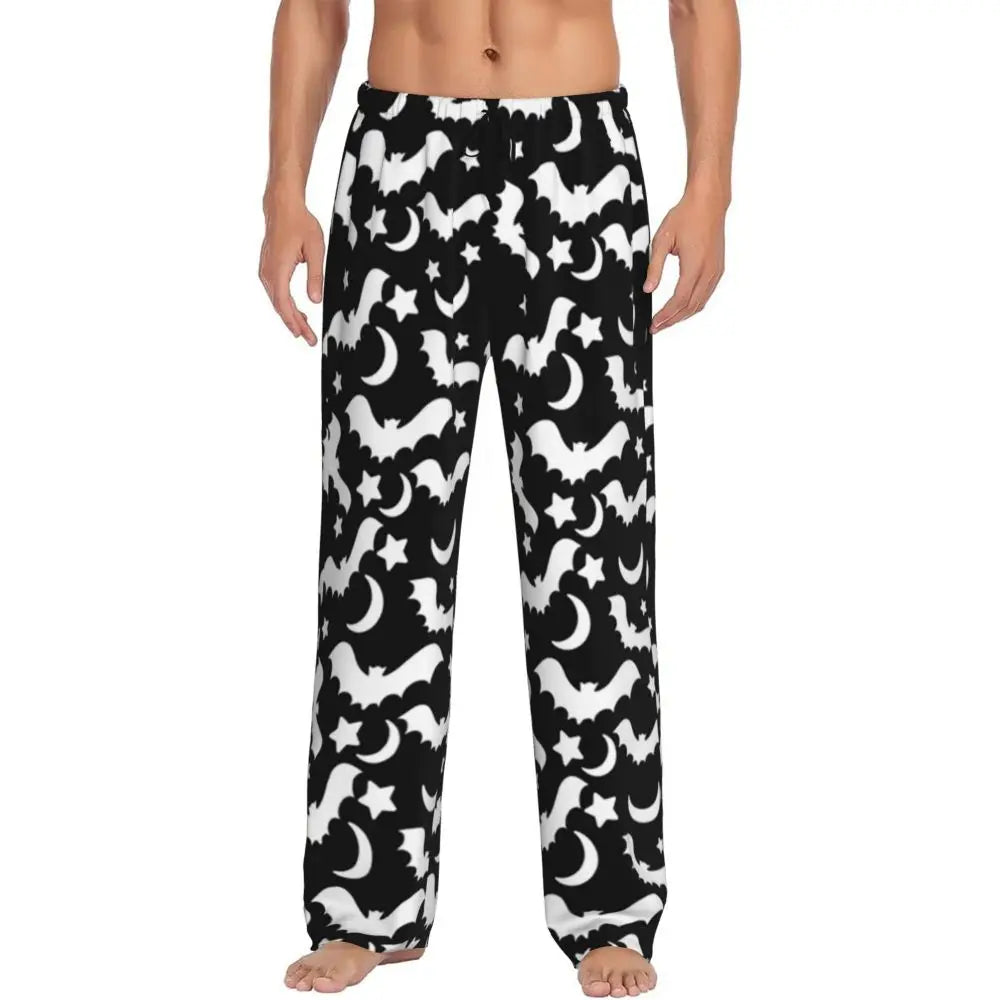 Custom Cute Spooky Halloween Bats Black And Purple Pajama Pants for Men Lounge Sleep Drawstring Sleepwear Bottoms with Pockets