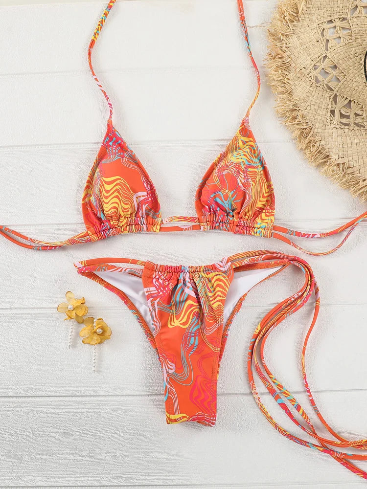 Triangle Bikini Sets Print Swimsuit Women 2023 Bikinis Bandage Swimwear Micro Thong Two Piece Suit Biquini Brazilian Swimsuits
