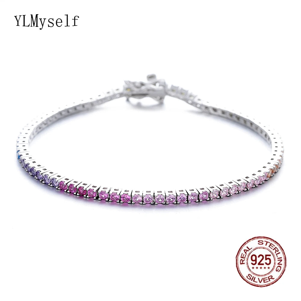 New 2 mm Rainbow Solid 925 Silver Jewelry Colorful Cubic Zircon Colorful Pretty Tennis Chain Bracelets