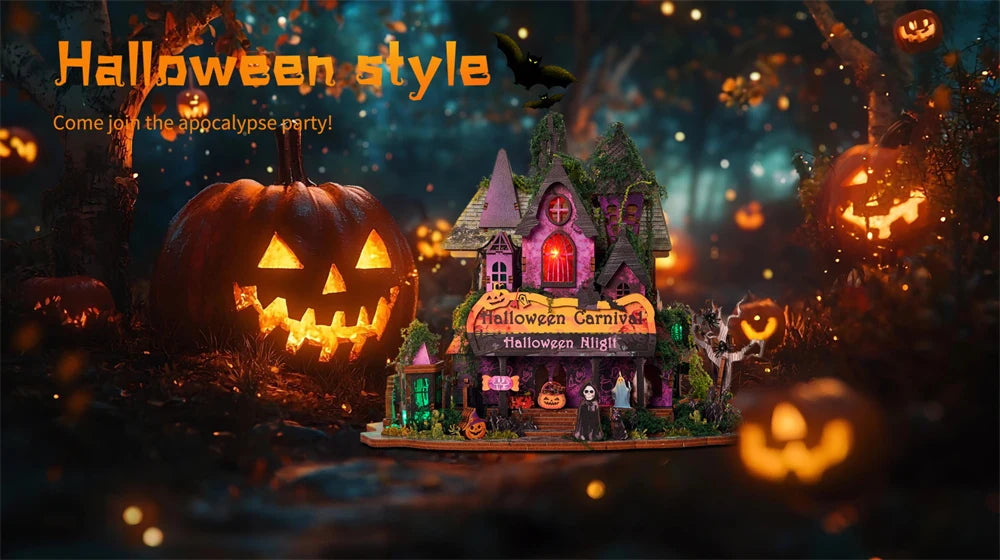 Retro DIY Wooden Halloween Night House Figurines Miniatures Kits With LED Lights Home Desk Decoration For Adult Handmade Gifts