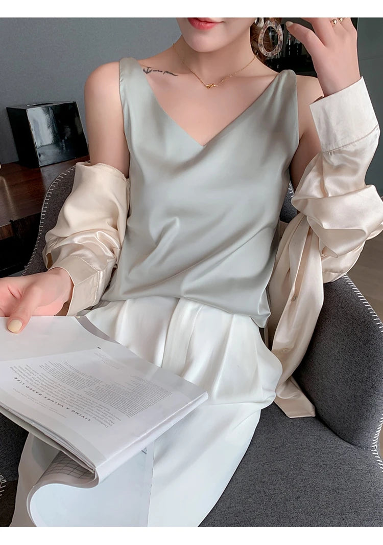 Women's New Four Seasons Inner Wear Silk Suspenders 2022 V-Neck Solid All-Match Satin Vest Soft Loose Thin Lady Sleeveless Tops