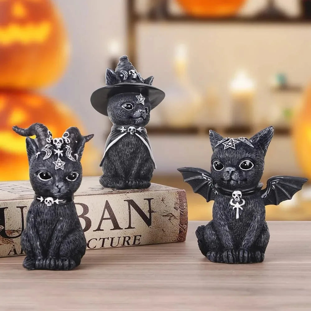 1PC Black Cat Statue Witch Gothic Decor Hand Painted Sculpture Halloween Desk Ornament Mysterious Cute Figurine Home Decor