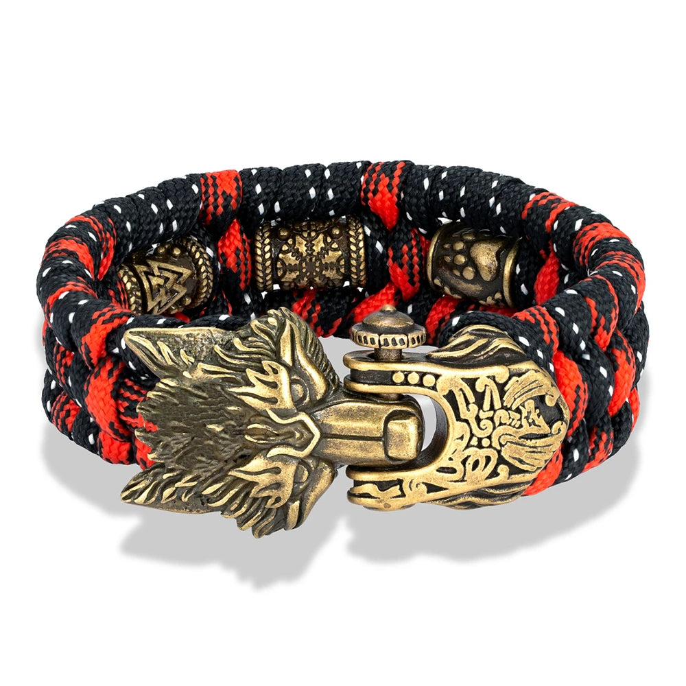 Viking Ancient Bronze Wolf Head Bracelet for Men Punk Stainless Steel Bangle Handmade Woven Rope Wristband Vintage Jewelry Gifts