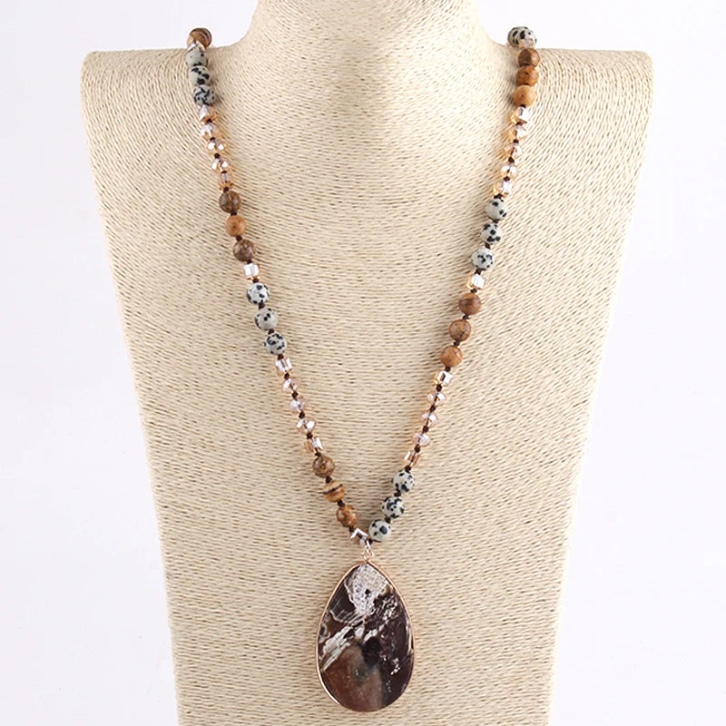 RH Fashion Beaded Necklace 8mm Natural Stone Glass Beads Knotted Pendant Necklaces For Women Bohemian Jewelry Dropship