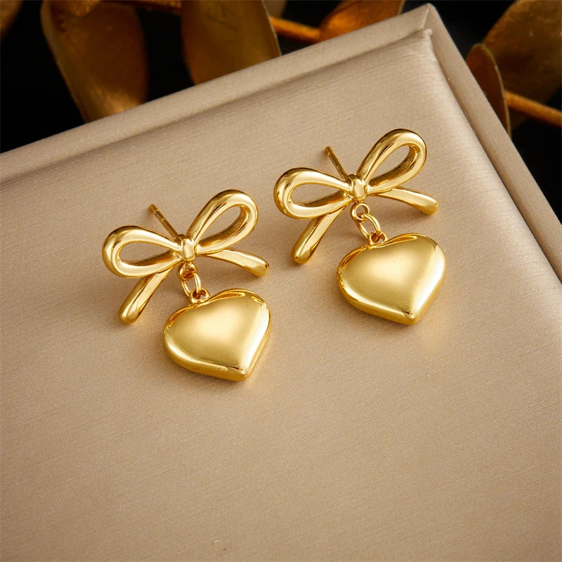 DIEYURO 316L Stainless Steel Gold Color Bow Heart Earrings For Womans New Fashion Exquisite Ear Accessories Jewelry Party Gifts
