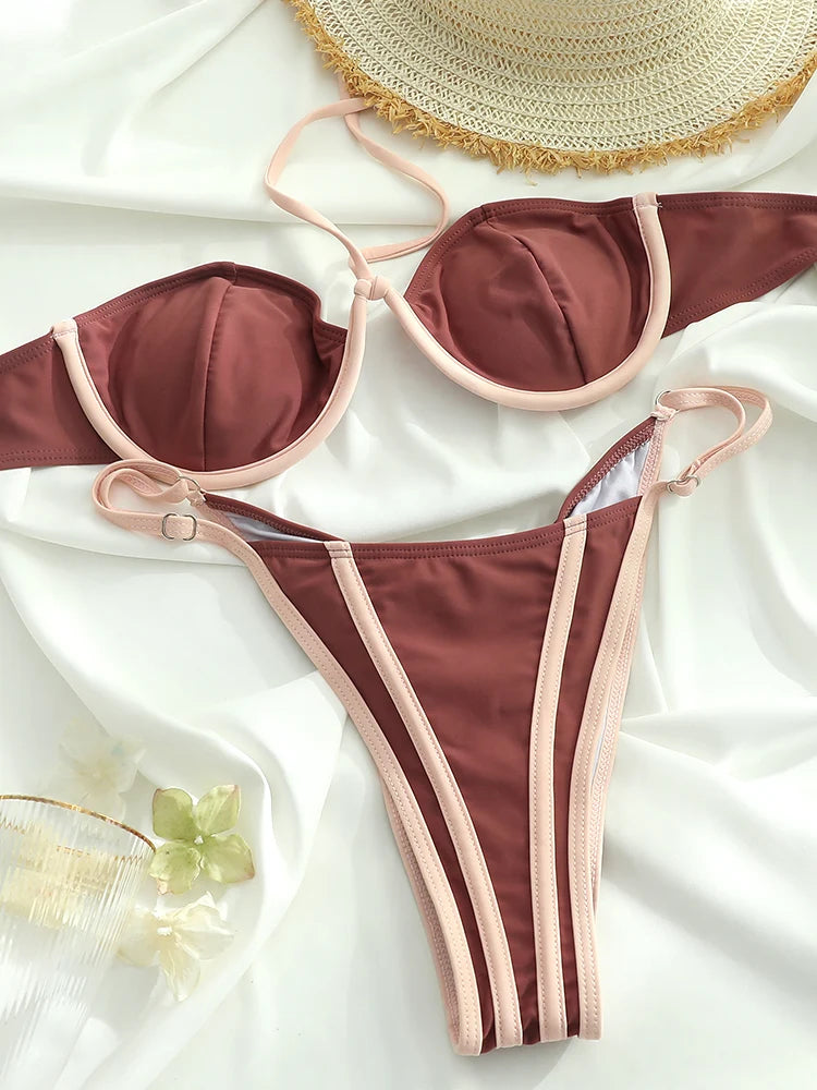 ZRTAK Push Up Bikinis Swimsuit Women Swimwear Print Bathing Suit Halter Beachwear Sexy Bikini Sets Thongs Solid Biquinis
