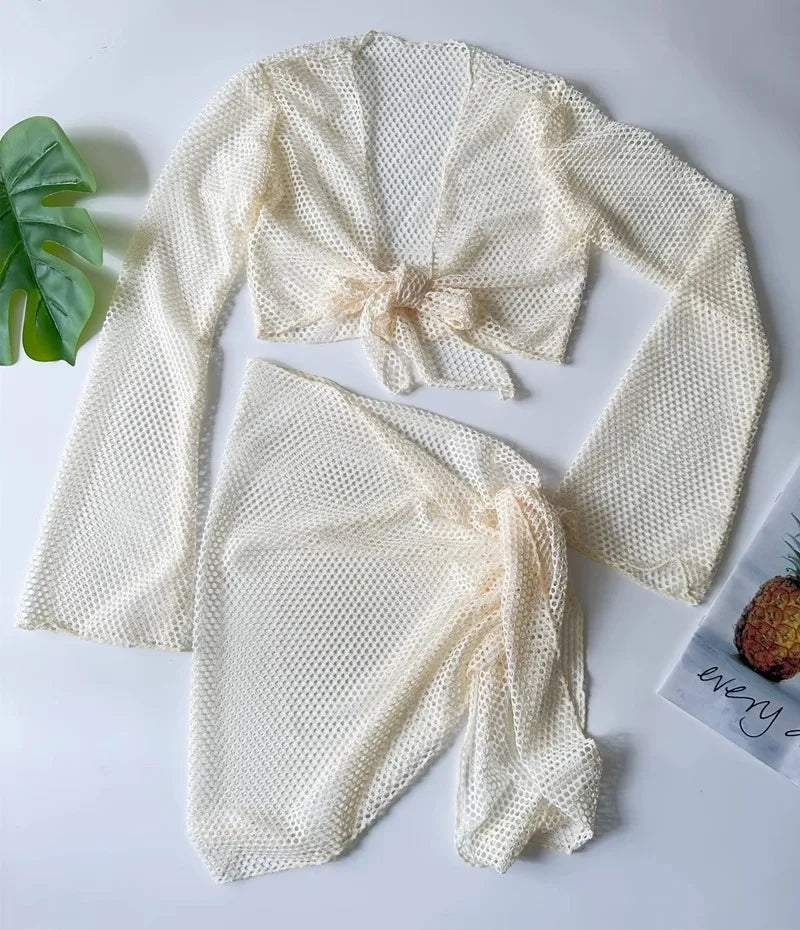 Sexy 4 Piece Lace Up Bikinis Set Women Swimsuit Solid Long Sleeve Cover Up with Skirt Swimwear New Push Up Bathing Suit Bikini