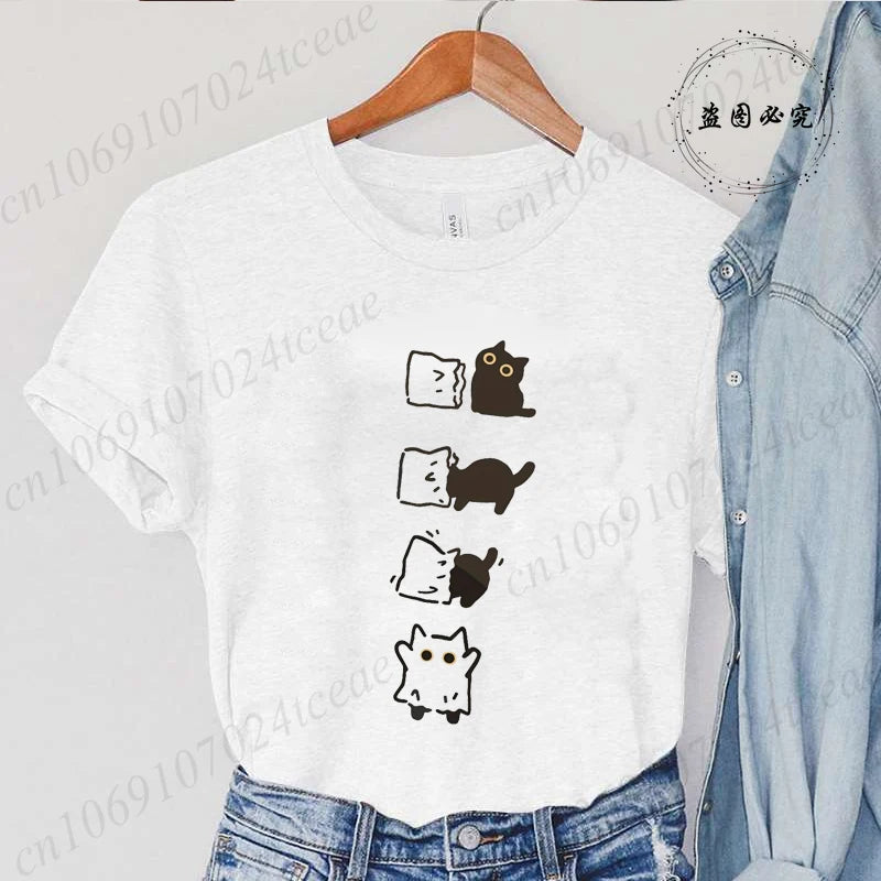 Boo Black Cat Print Women T-shirt Fashion Summer Tee Clothing Short Sleeve Harajuku Streetwear Casual Shirt Halloween Tee Tops