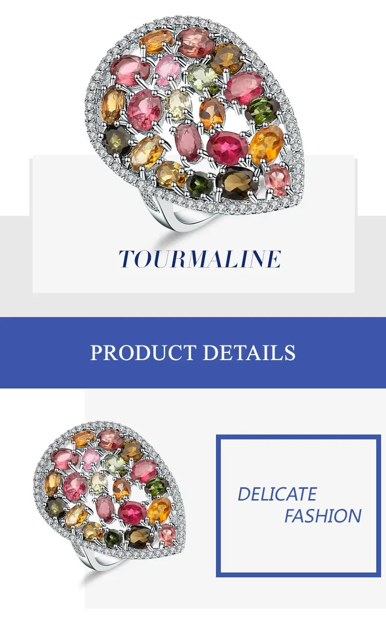 GEM'S BALLET 5.21Ct Colorful Natural Tourmaline Gemstone Ring Solid 925 Sterling Silver Gemstone Fashion Jewelry For Women
