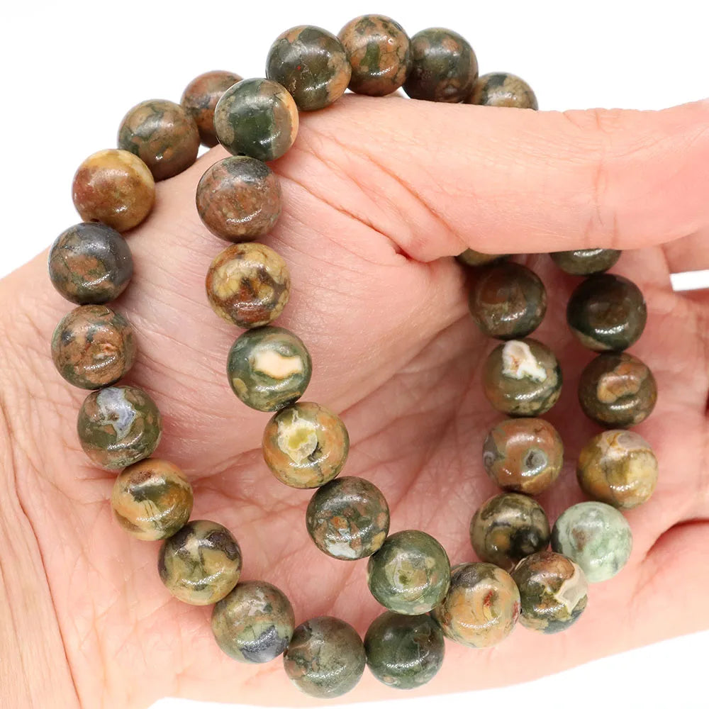 Women Men Bracelet Natural Rainforest Jasper Crystal Round Beads Wrist Chain Chakra Healing Energy Stretch Charm Strand Jewelry