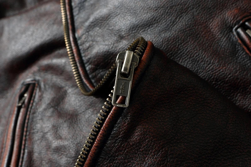 Vintage Red Brown Men Leather Jacket 100% Cowhide Jackets Slim Fit Soft Skin Coat Autumn Jaqueta Masculina De Couro