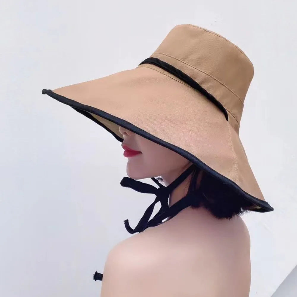 Solid Color Wide Brim Sun Hat Korean Style Anti-UV Sun Protection Hat Fisherman Hat with Neck Rope Women Bucket Hat Ladies