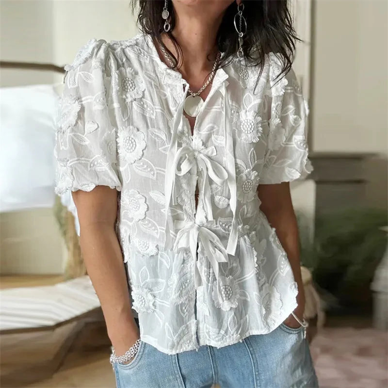 Lamuusaa Babydoll Tops Women y2k Clothes Floral Embroidery Round Neck Puff Short Sleeve Shirts Elegant White Blouses Streetwear