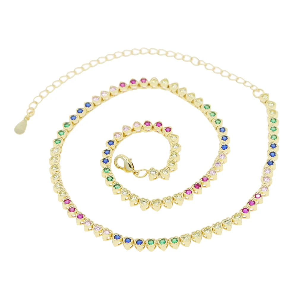 2024 New Rainbow CZ Heart Charm Necklace Gold Color Zircon Tennis Chain Asymmetric Hearts Choker Women Hip Hop Fashion Jewelry
