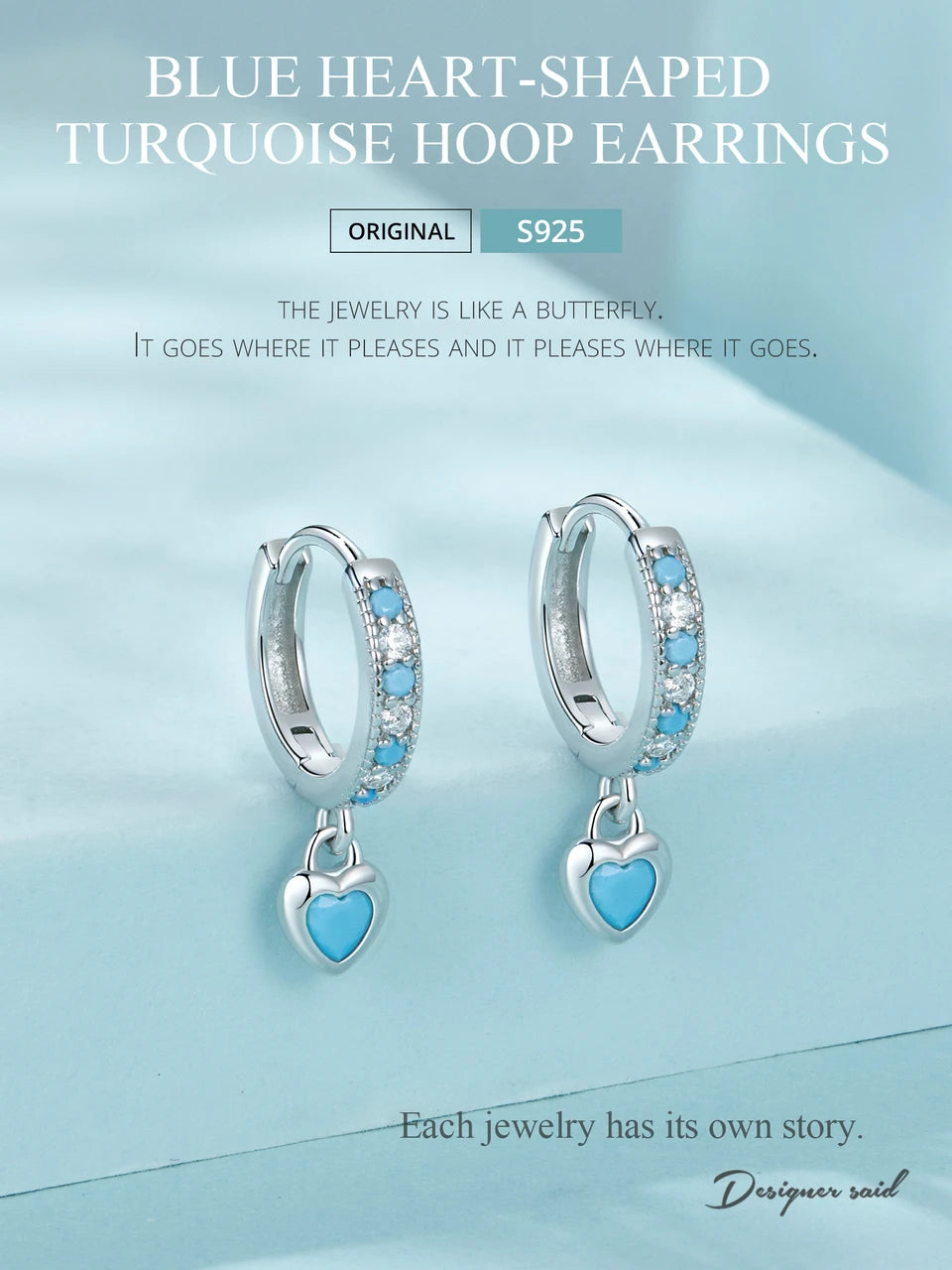 WOSTU 925 Sterling Silver Blue Heart-shaped Turquoise Hoop Earrings For Women Shiny CZ Drop Dangle Earrings Pendientes Jewelry